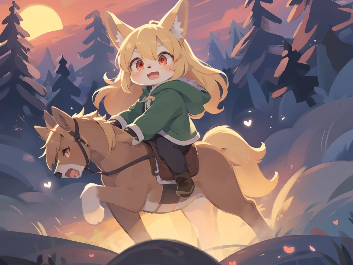 the fox, , was hairy, shaggy, skin fur, smooth lashes, golden fur, forelimb hands, straight long blonde hair, solid circle eyes, golden ears, golden fur, golden facial fur, shiny hair, red eyes, heart-shaped eyes, super cute face, 1fox tail, fluffy tail, furry tail, glowing eyes, green coat green hood down, brown trousers, riding horse, open mouth, pain face, embarrassed, ambient light, ultra-fine fur, dashed eyes, full body, masterpiece, high quality, high-details, best quality, (((solo))), twilight, sun light, red sky, rim light