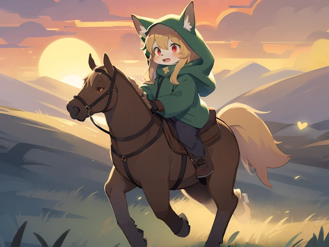 the fox, , was hairy, shaggy, skin fur, smooth lashes, golden fur, forelimb hands, straight long blonde hair, solid circle eyes, golden ears, golden fur, golden facial fur, shiny hair, red eyes, heart-shaped eyes, super cute face, 1fox tail, fluffy tail, furry tail, glowing eyes, green coat green hood down, brown trousers, riding horse, open mouth, pain face, embarrassed, ambient light, ultra-fine fur, dashed eyes, full body, masterpiece, high quality, high-details, best quality, (((solo))), twilight, sun light, red sky, rim light