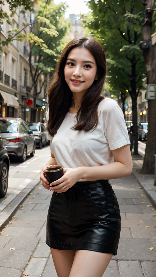 A captivating Asian woman in her twenties, reminiscent of the amazing beauty and allure of the model Jeon Somi. Rendered in hyper-realistic detail with exceptional ((flawless features)). Porcelain skin: skin like luminous porcelain, radiating a healthy and youthful glow. Every highlight and shadow should be carefully processed to enhance her natural beauty. ((perfectly defined features)) Sharp cheekbones, sculpted jawline, a subtle touch of realism. Sparkling eyes: captivating eyes, radiating warmth and adventure. Expressive eyebrows: perfectly balanced. Delightful lips: full, perfectly shaped lips curve into a seductive smile. Focus: ((realistic description with extraordinary detail)).Location: Paris, France - Bustling street corner of a charming neighborhood. Quaint cafes line the street, filled with vibrant morning energy.
Position: Casually strolling down the street, turning towards the camera with a playful smile.
Shooting Angle: Low angle, capturing her confidence and the elegance of her outfit.
Face Presentation: Playful and carefree, radiating Parisian charm.
Highlights: Exceptional quality, model photography, Parisian atmosphere, vibrant colors.
Accessories: A classic croissant held in one hand, the other tucked into a stylish leather handbag. A pair of oversized sunglasses rest playfully on her head, adding a touch of chic mystery.
Background: Lush green trees line the street, accented by colorful awnings of nearby cafes. People enjoying their morning coffee add a touch of life to the scene.
Pose: Walking with a slight bounce in her step, one leg slightly forward, exuding energy and charisma.
Environment: Bright morning sunlight creates a warm and inviting atmosphere.
Summary: Supermodel quality, flawless, realistic, the highest quality available, picture perfect. This image captures the essence of a captivating Asian beauty strolling through the charming streets of Paris, radiating confidence and Parisian charm.