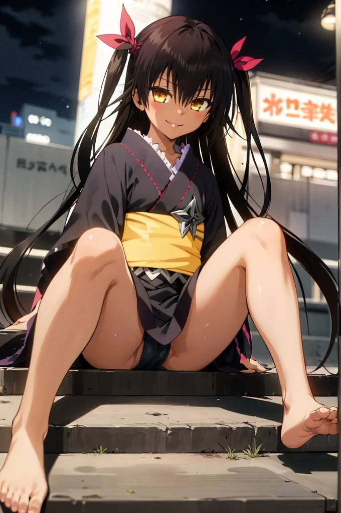 1girl, aster nemesis, dark-skinned female, black hair, very long hair, yellow eyes, flat chest kimono, obi, ribbon, twin tails, looking at viewer, outdoors, city, night, smile, ,sitting on ground,,(nsfw),,bare foot