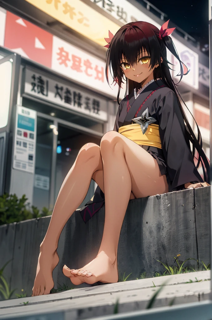 1girl, aster nemesis, dark-skinned female, black hair, very long hair, yellow eyes, flat chest kimono, obi, ribbon, twin tails, looking at viewer, outdoors, city, night, smile, ,sitting on ground,,(nsfw),8yo,bare foot