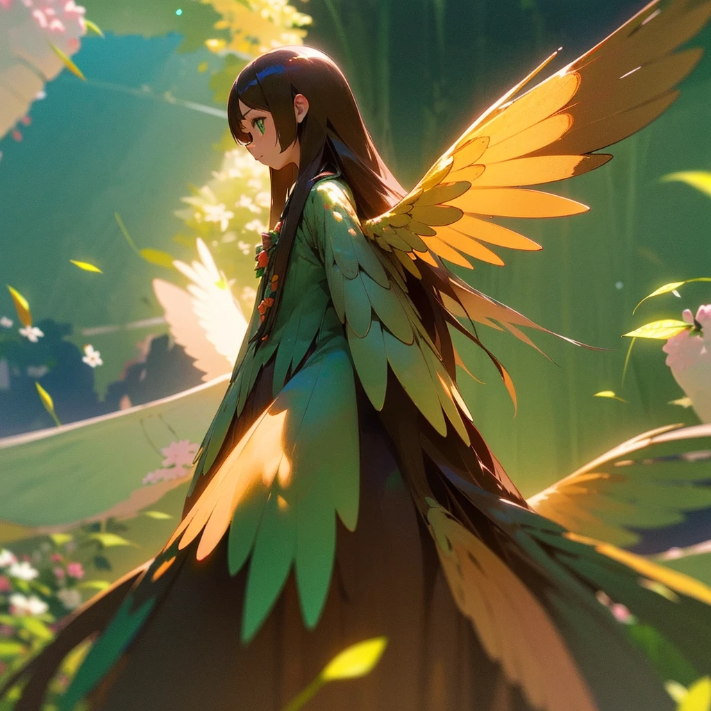 brown hair, long hair, straight hair, kawaii, anime, Cute, hyper quality, highly detailed, full body, 16k, green eyes, wings on the back of body, one girl, nature background, light effects, one brown bird, highlight, flower garden, garden, Front facing, City of Water, Kiwi fruit
