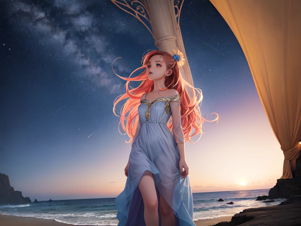 woman, look up starry luminism twilight sky on the beautiful beach, wide shot, colorful beautiful fantasic brighting dark dress, beautiful intricate colored hair, detailed face, beautiful legs, colorful colors, detailed background beautiful, high quality, A digital illustration of anime style, luminism, three dimensional effect, awesome full color, delicate and anime character expressions, Whimsical lighting, Enchanted ambiance, Soft textures, Imaginative artwork, Ethereal glow, star dust glittering, main theme of this picture is beautiful starry sky