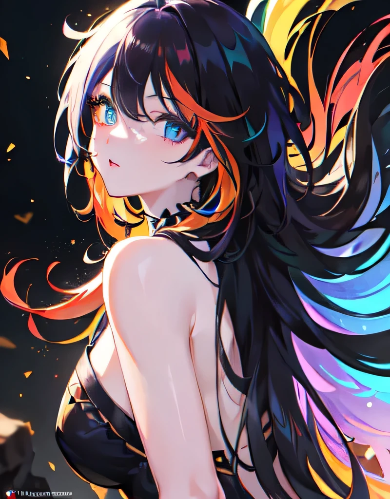 {{masterpiece}}, best quality, Extremely detailed CG unity 8k wallpaper, light, lens flare, eyes in beautiful detail, Black, Side View, Multi-colored hair, rich and colorful light, particle, Heterochromia, (rich and colorful:1.5), (rich and colorful hair:1.5),