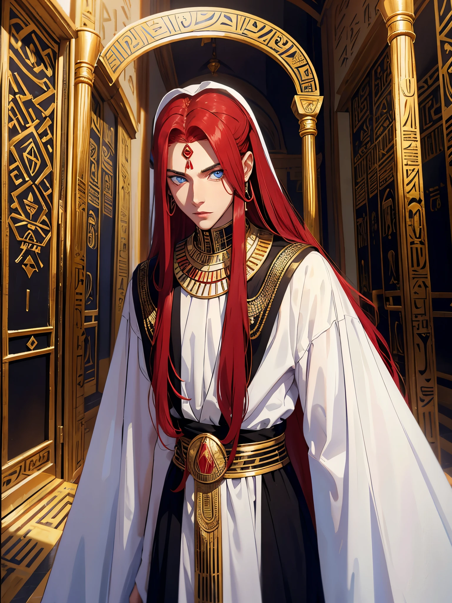 Egyptianer Gott Seth. long red hair, black and white clothes, Egyptian clothing, red clothes. silver jewelry. light skin. Egyptian. blue eyes. Rotes Make Up. erotic. A young man. Desert.