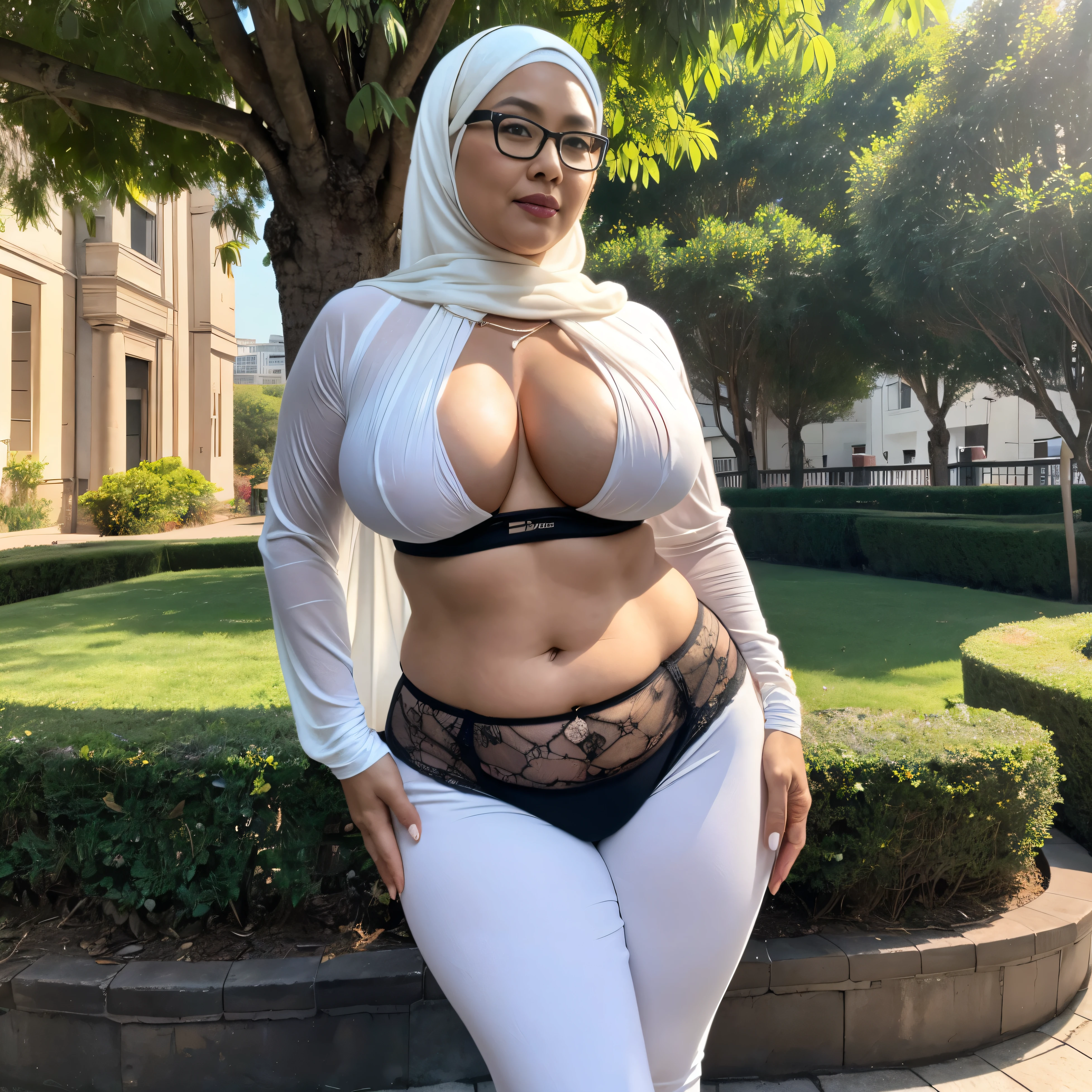 55 Years old, ((Nerd Indonesian mature woman)), wearing Wide Hijab, (PAWG : 1.2), (BBW : 1.2), Oily White Like Porcelain Skin, perfect Six pack abs : 1.3, natural Massive Extra Huge breast : 156.9, (Black Sensual Lipstick), gorgeous eyes, Soft smile, wear a red lace bra and a tight transparent Yoga Pants, necklace, Alluring Face, Erotic pose, DayTime walk, City garden, Excellent lighting, Light colors, Clean lines