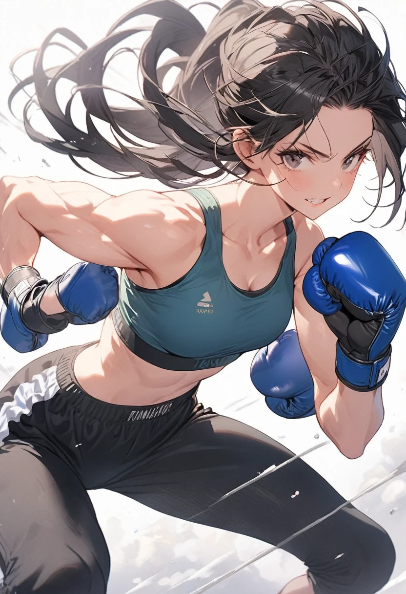 Woman boxer, handsome face, sports bra, boxing gloves, toned, long black hair, boxing stance,long black pants, looking at viewer