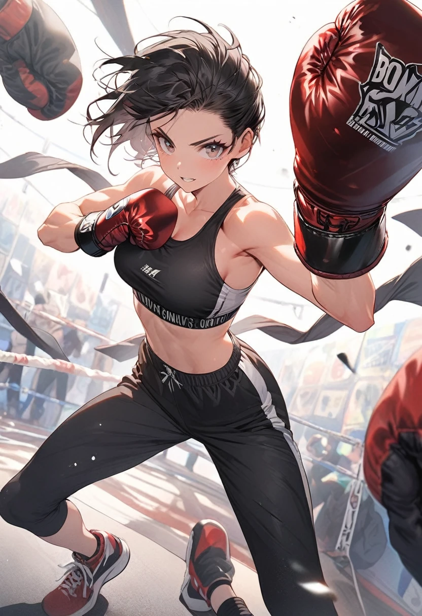 Woman boxer, handsome face, sports bra, boxing gloves, toned, long black hair, boxing stance,long black pants, looking at viewer