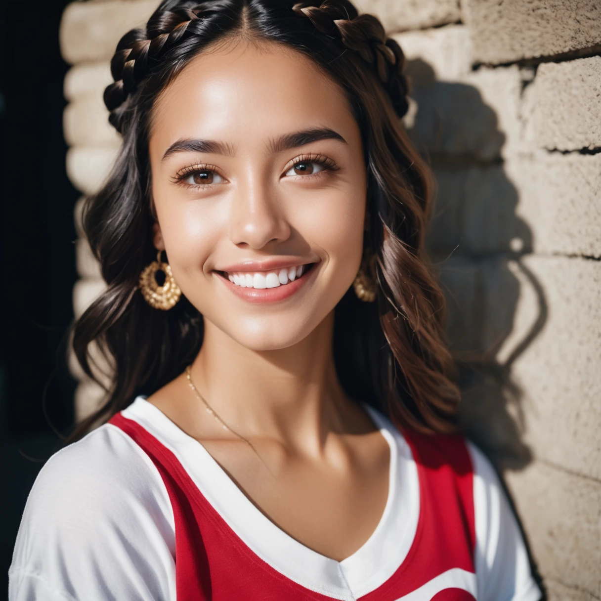 (amateur photo) of a Latina girl with braided hair, smiling and looking forward, wearing a red and white bandana print t-shirt, candid photo, trunk, Under discreet lighting, From above, filmed on an Agfa Vista, flash photography, taken on an old camera, polaroid, 8K, highy detailed, Detailed texture skin, natural skin texture, perfects eyes, Perfect iris, high detail eyes, detailed iris, detailed cloth texture, perfects eyes, detailedeyes, (high qualiy, best qualityer:1.3), Extremely high resolution, Film grain, dslr, Kodak Portra 400 F1 Camera.6 lenses, 35mm, Fujifilm Superia Premium 400, Nikon D850.