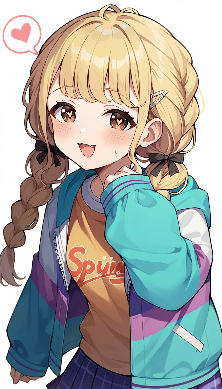 score_9, score_8_up, score_7_up, source_anime, rating_safe, kotone-default,fujita kotone,brown eyes, blonde hair,twin braids,hair ornament,(white hairclip:0.8), multicolored hoodie,sleeves past wrists,orange shirt,pleated skirt,plaid skirt, (heart eyes),(heart in eyes),spoken heart,open mouth,dutch angle,small breast ,blush,beautiful face,beautiful eyes,details eyes,white background 