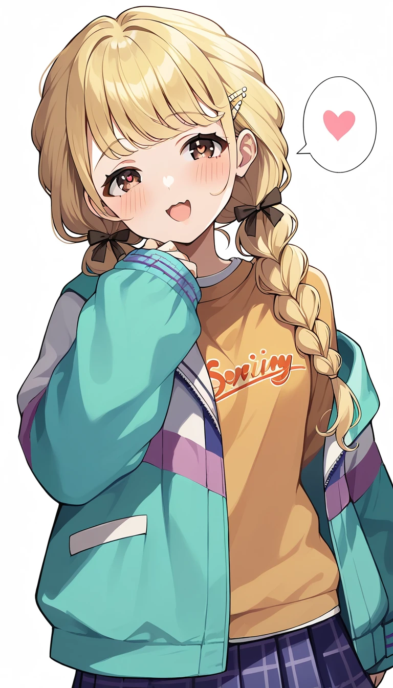 score_9, score_8_up, score_7_up, source_anime, rating_safe, kotone-default,fujita kotone,brown eyes, blonde hair,twin braids,hair ornament,(white hairclip:0.8), multicolored hoodie,sleeves past wrists,orange shirt,pleated skirt,plaid skirt, (heart eyes),(heart in eyes),spoken heart,open mouth,dutch angle,small breast ,blush,beautiful face,beautiful eyes,details eyes,white background 