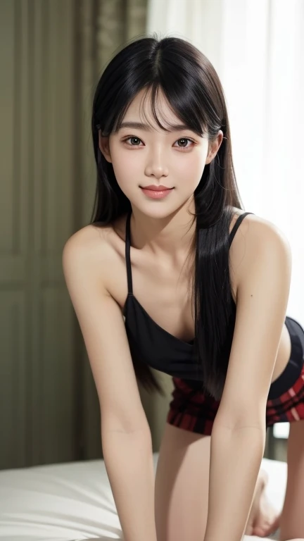 ((sfw:2.0))　Tabletop, (Top Quality), (Masterpiece) Realistic, realistic, highly detailed, finely detailed, high resolution, 8k wallpaper,　anatomically correct body, symmetrical eyes, one cute girl, （Korean woman: 1.4), (20 years old: 1.4), (Black hair: 1.3), (Straight long hair: 1.4), (Skinny: 1.3), 165cm tall, she is tall, , smiling,　（She is wearing a camisole. Her camisole is light pink：1.4）　, sharp focus, perfect dynamic composition, fine and beautiful eyes, slim body, (Small chest: 1.4), (Small chest: 1.4), (Small chest: 1.4), (Small chest: 1.4), Thin hair, Detailed and realistic skin texture, smiling, ,（Full body : 1.4),　She is on all fours,　from point of view,　 She is lying on her bed in her room.
