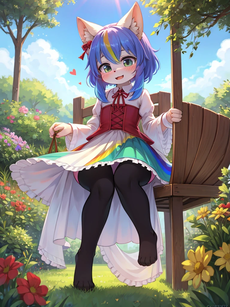 garden party , girl , (curtsy) , My heart is pounding , (pee:0.9) , (legs apart:0.3) , Pee Rainbow