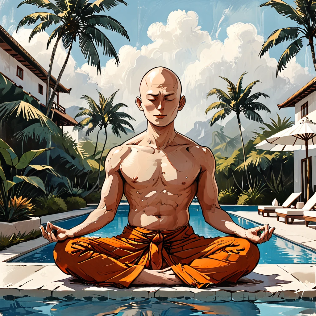 blind Buddhist monk sitting in lotus position next to the pool at white hotel, tropic, palm, white hotel, pool, round face, white eyes, no eyebrows, no hair, bald, paw-eared, round cheeks, narrow lips, man, white sclera eyes, Whitewash Eyes, orange Kashaya, 
