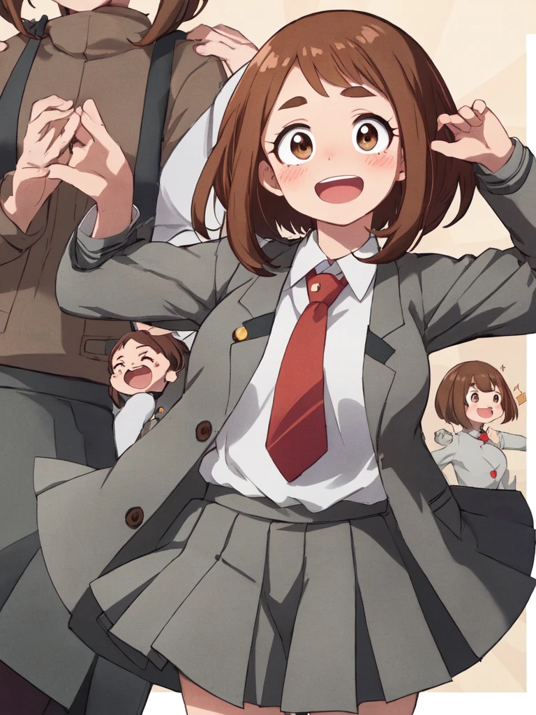 uraraka_ochako boku no hero academia 1girl, thick_eyebrows blush_stickers, brown_hair, brown_eyes, short_hair, sideburns,  medium breasts skindantation smile  :D blush  u.a._school_uniform, grey_jacket long_sleeves, white_shirt red_necktie, mos green pleated_skirt, black stocking:1.5