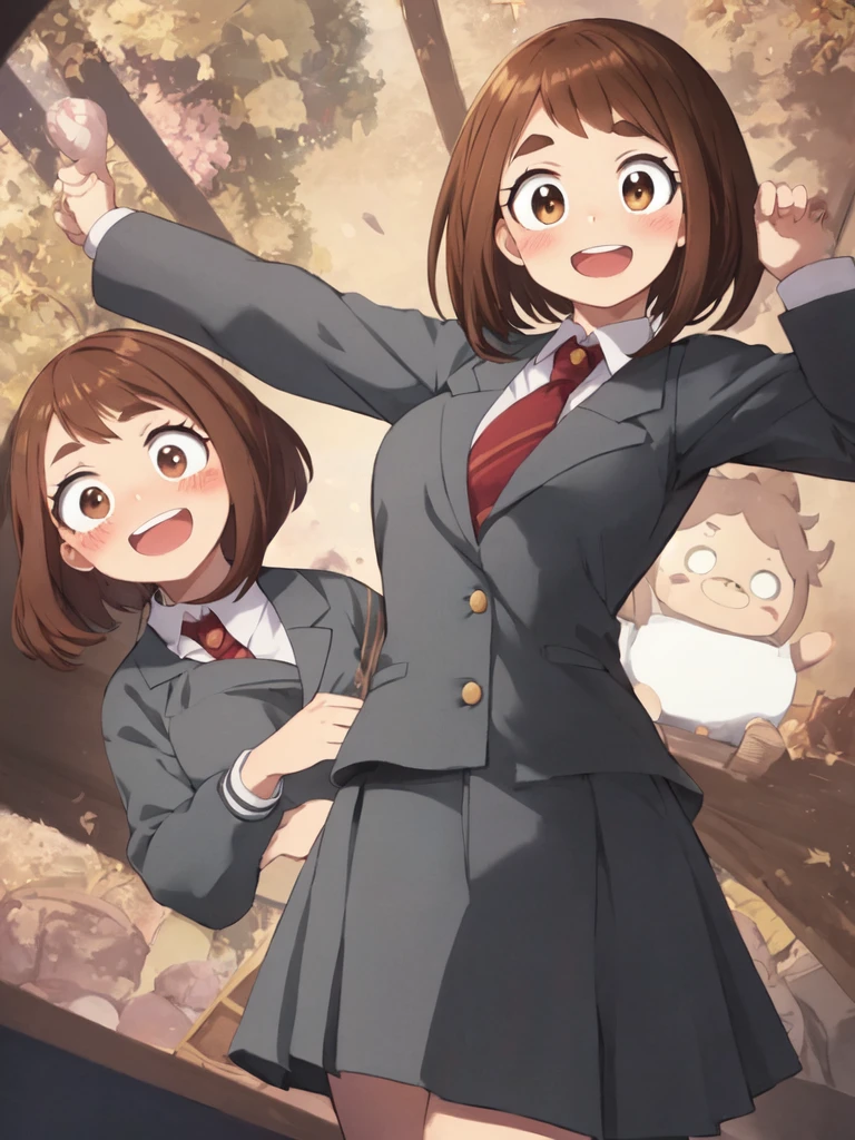 uraraka_ochako boku no hero academia 1girl, thick_eyebrows blush_stickers, brown_hair, brown_eyes, short_hair, sideburns,  medium breasts skindantation smile  :D blush  u.a._school_uniform, grey_jacket long_sleeves, white_shirt red_necktie, mos green pleated_skirt, black stocking:1.5