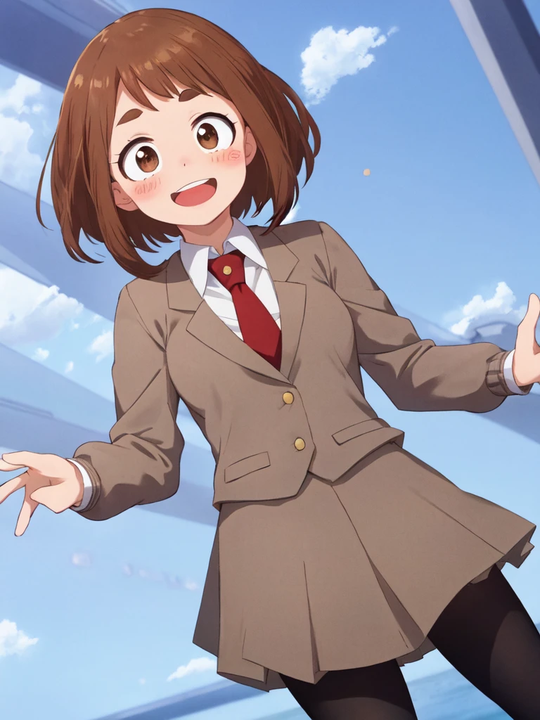 uraraka_ochako boku no hero academia 1girl, thick_eyebrows blush_stickers, brown_hair, brown_eyes, short_hair, sideburns,  medium breasts skindantation smile  :D blush  u.a._school_uniform, grey_jacket long_sleeves, white_shirt red_necktie, mos green pleated_skirt, black stocking:1.5