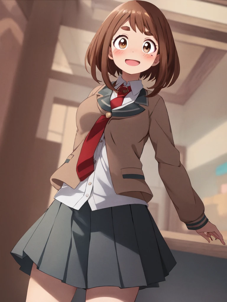 uraraka_ochako boku no hero academia 1girl, thick_eyebrows blush_stickers, brown_hair, brown_eyes, short_hair, sideburns,  medium breasts skindantation smile  :D blush  u.a._school_uniform, grey_jacket long_sleeves, white_shirt red_necktie, mos green pleated_skirt, black stocking:1.5