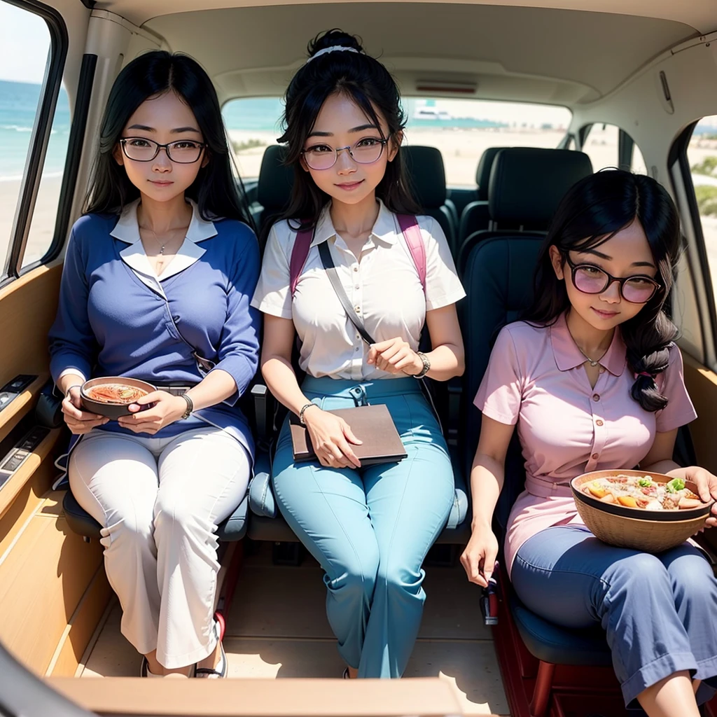 A cute Thai round-faced Asian woman wearing glasses with white hotel uniform with blue long pants is driving a hotel buggy,six beautiful Arab guest women seated on buggy,Seaview,background,friendship ,happy,smile,they sit together,vacation,hotel,golf car
