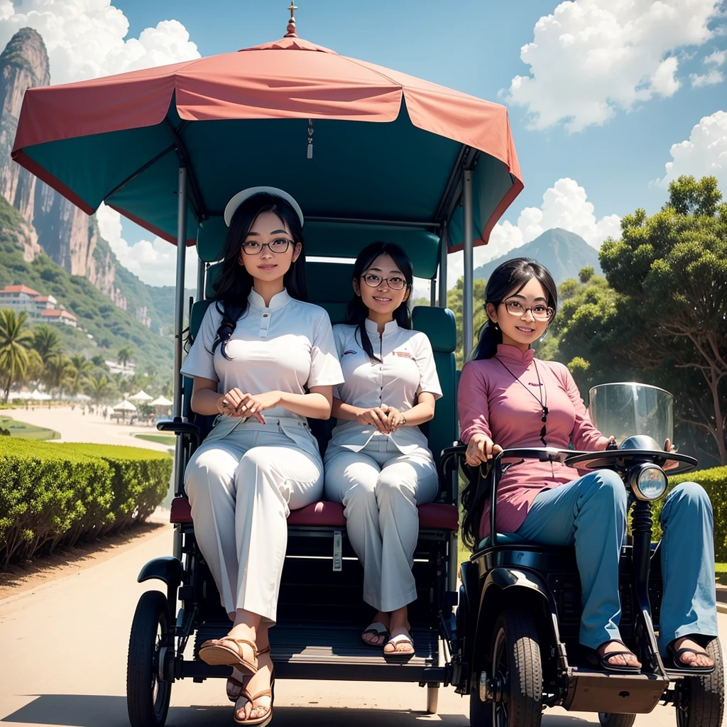 A cute Thai round-faced Asian woman wearing glasses with white hotel uniform with blue long pants is driving a hotel buggy,six beautiful Arab guest women seated on buggy,Seaview,background,friendship ,happy,smile,they sit together,vacation,hotel,golf car
