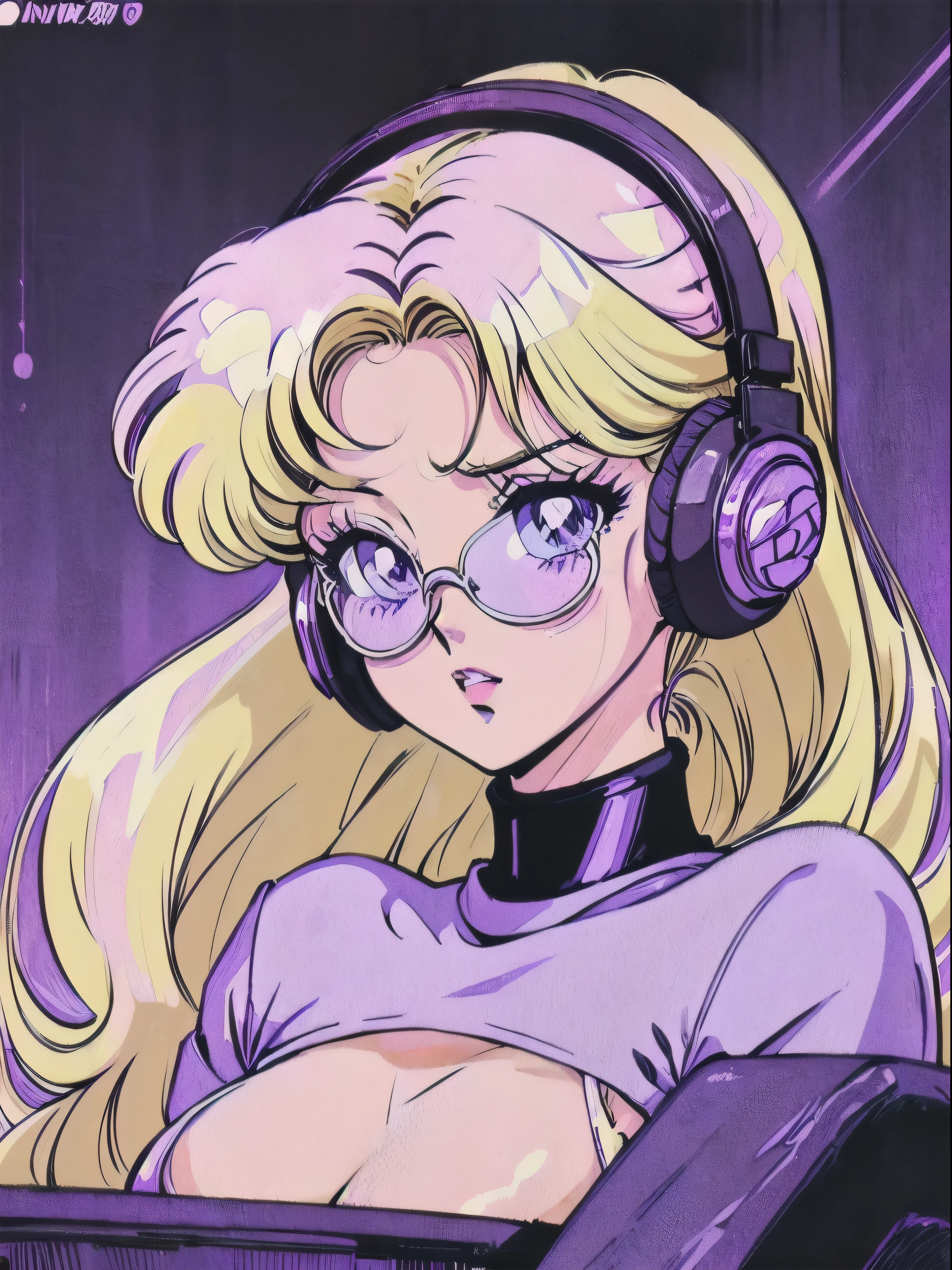 (Blonde Barbie:1.2),(vintage 90's:1.1),(romance anime style:1.3), white glasses, headphones, dark cyberpunk, dystopia, dark color scheme with a black and purple background, curly hair, lilac turtleneck