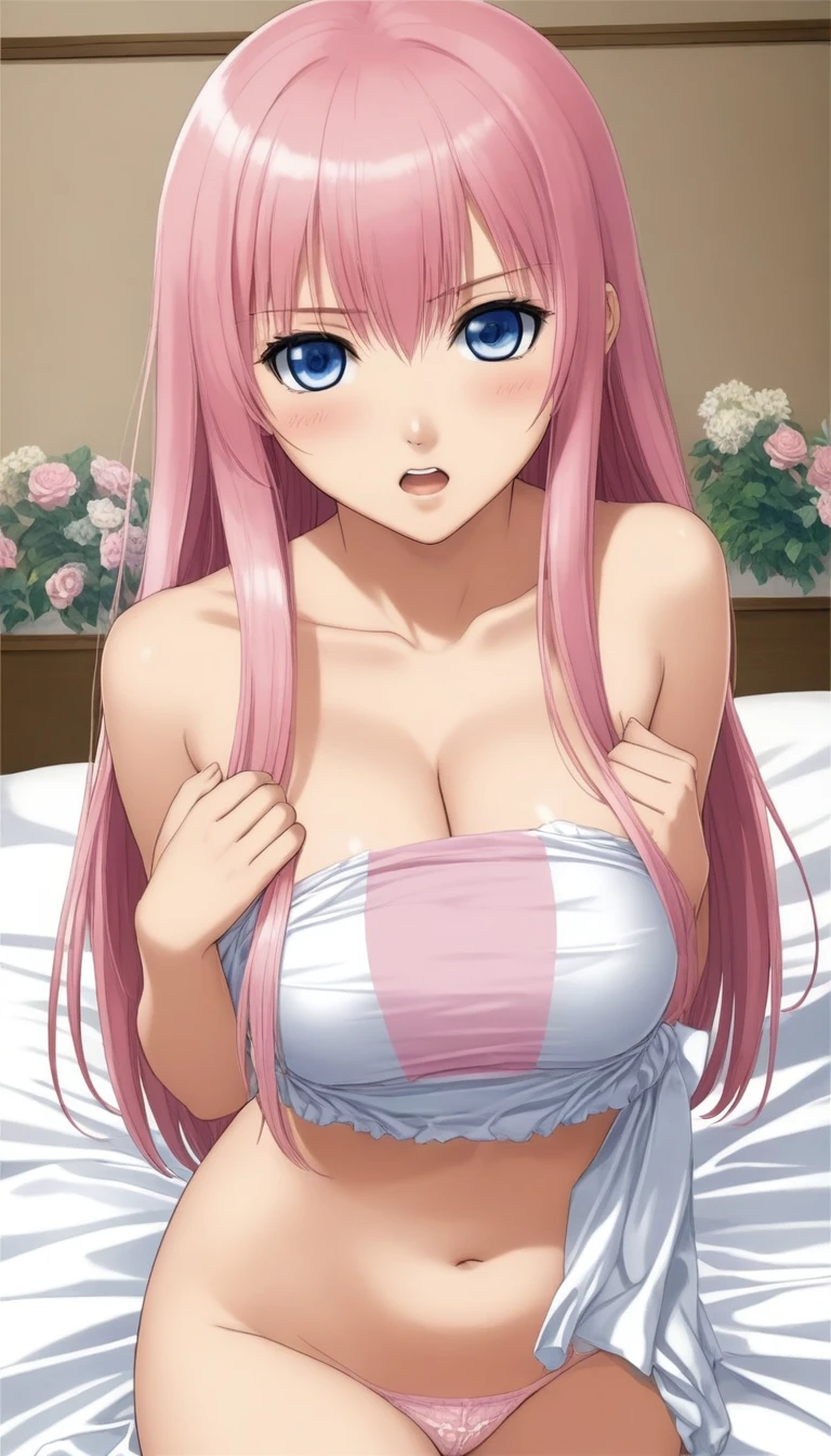 {{Masterpiece}},{Detailed and beautiful drawing},Erotic official art,Beautiful adult woman,Megurine Luka,Pink long hair,blue eyes,Big Breasts,Erotic誘惑:2.0,bed,Erotic:2.0,Masturbating Vagina,{Eroticウァギナ広げる:2.0},Embarrassed expression, I feel