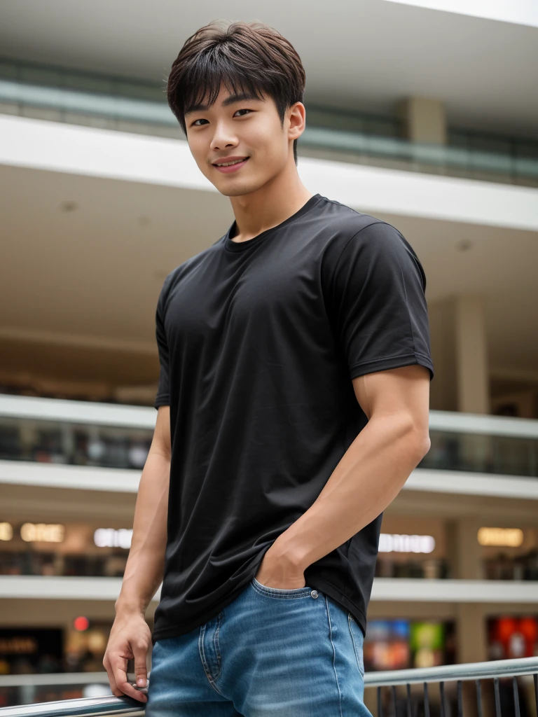 独奏: 1.5, (As a matter of fact, Masterpiece, 8k HD, good light quality, sportswear, fit the face, complicated details), A handsome Korean young man with muscular arms. , 20 years old, be happy, smile brightly, detailed face, delicate eyes, look at the sky, Wear a tight black t-shirt.:1.6 ,Wear a denim coat., jeans period, black eyes, Black hair color, ผมsmooth, smooth，Surreal，Awesome details，Highest quality，real，Open your mouth to talk. , Close your eyes., (standing in department store:1.5)