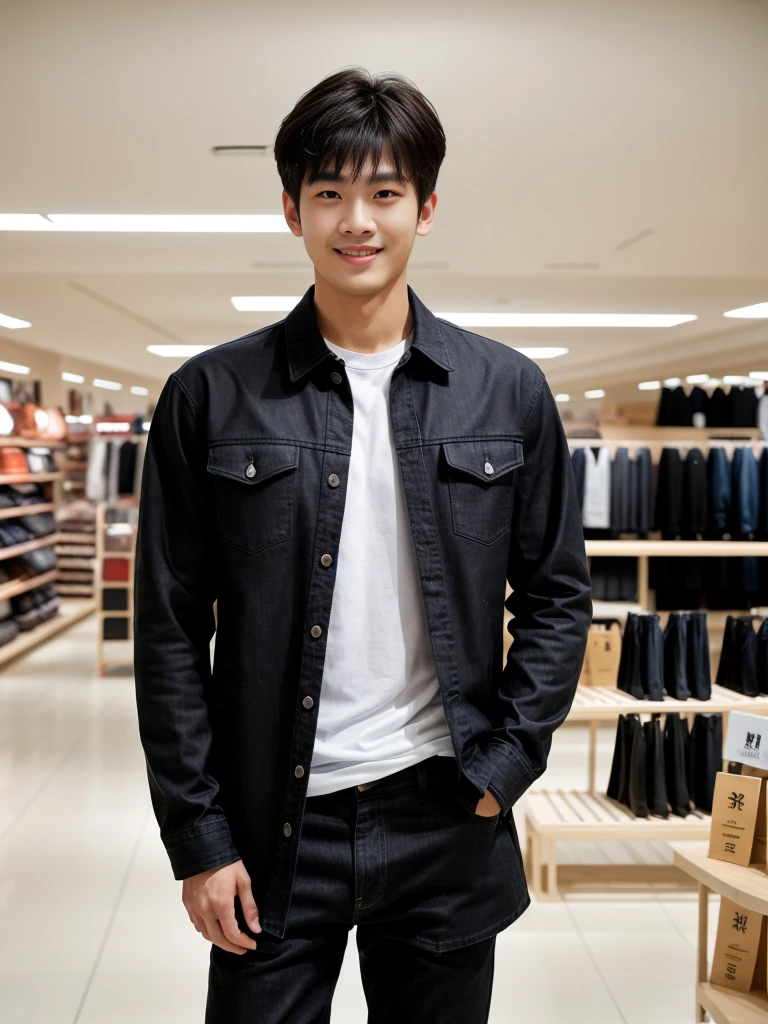 独奏: 1.5, (As a matter of fact, Masterpiece, 8k HD, good light quality, sportswear, fit the face, complicated details), A handsome Korean young man with muscular arms. , 20 years old, be happy, smile brightly, detailed face, delicate eyes, look at the sky, Wear a tight black t-shirt.:1.6 ,Wear a denim coat., jeans period, black eyes, Black hair color, ผมsmooth, smooth，Surreal，Awesome details，Highest quality，real，Open your mouth to talk. , Close your eyes., (standing in department store:1.5)