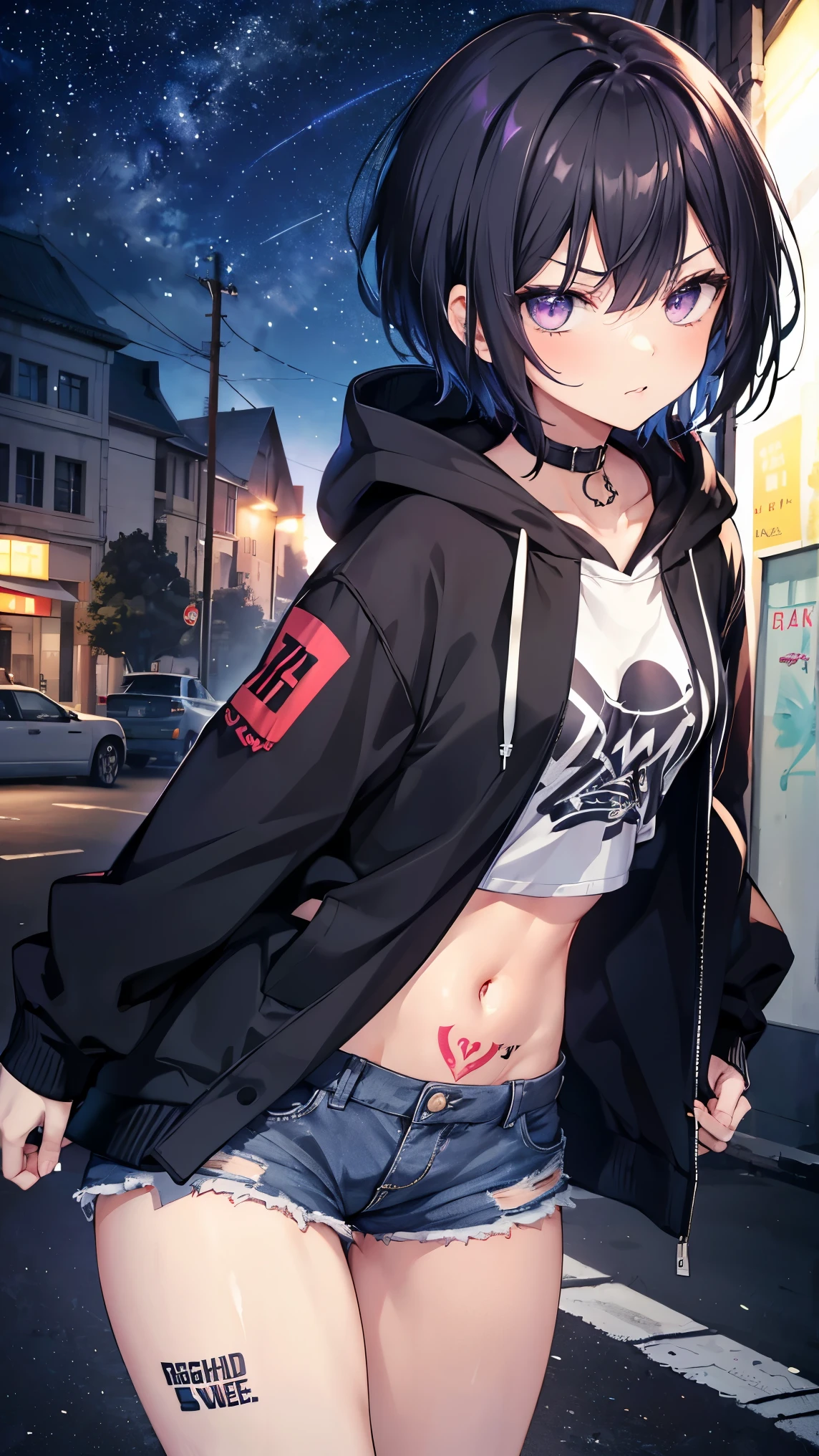 High resolution,high resolution,Girl,Black Hair,Short Hair,Purple Eyes,Slanted Eyes,Bad mood,boyish,slender,Toned body,Street,hoodie,Tattoo,Food,Shorts,knife,Starry Sky,Licking your lips