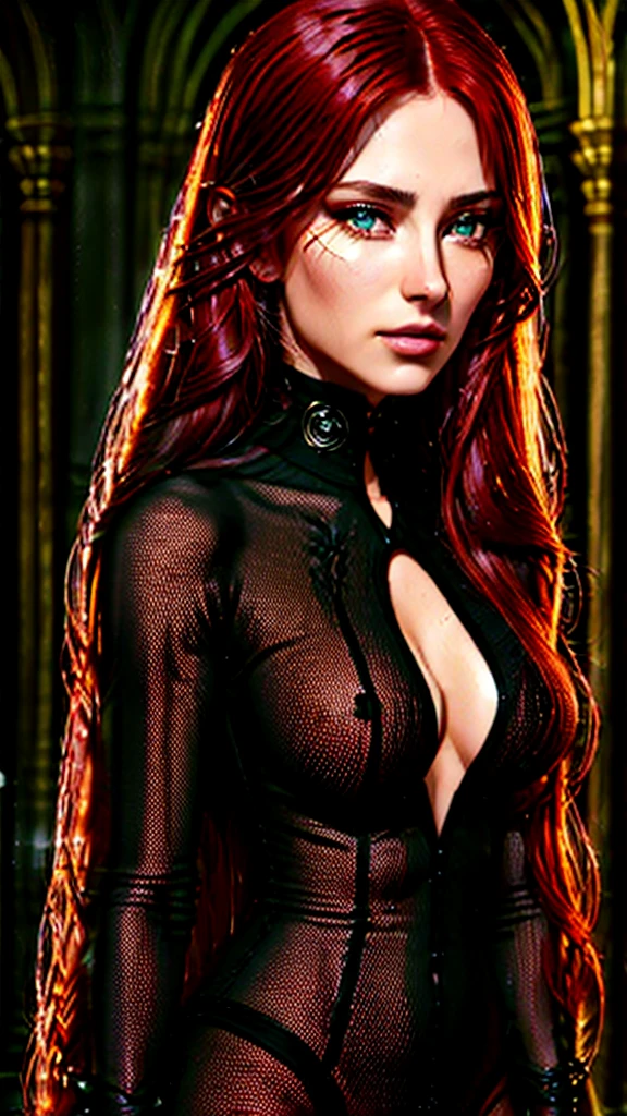 a beautiful woman with long curly red hair, wearing a tight latex black panties and black latex bra, with thick juicy body and a big booty, green eyes, standing in a natural forest close to the river environment, with a fox tail, with fox ears, (best quality,4k,8k,highres,masterpiece:1.2),ultra-detailed,(realistic,photorealistic,photo-realistic:1.37),digital painting,highly detailed,intricate details,exquisite,vivid colors,dramatic lighting,cinematic,8k uhd,hyper detailed,extremely detailed facial features,beautiful detailed eyes,beautiful detailed lips,extremely detailed eyes and face,longeyelashes,elegant,graceful,mystical,fantasy,magical realism