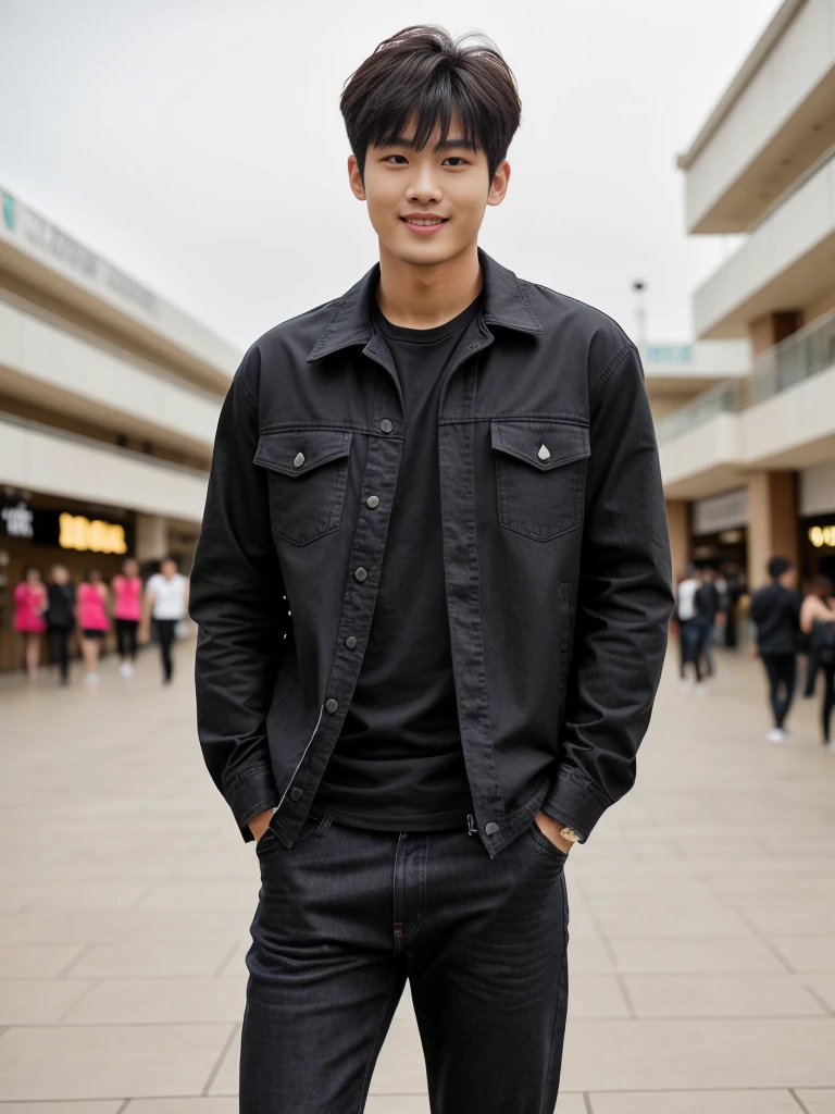 独奏: 1.5, (As a matter of fact, Masterpiece, 8k HD, good light quality, sportswear, fit the face, complicated details), A handsome Korean young man with muscular arms. , 20 years old, be happy, smile brightly, detailed face, delicate eyes, look at the sky, Wear a tight black t-shirt.:1.6 ,Wear a denim coat., jeans period, black eyes, Black hair color, ผมsmooth, smooth,Surreal,Awesome details,Highest quality,real,Open your mouth to talk. , Close your eyes., (standing in department store:1.5)