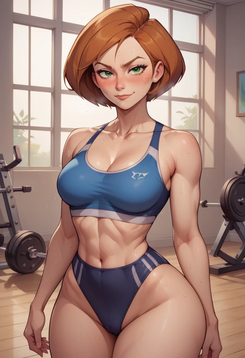 score_9, score_8_up, score_7_up, score_6_up, BREAK Ann possible, source_anime,seductive smirk, wearing workout outfit, NSFW, mediumbreasts, wide hips, big ass, sweating, blushing, in a living room, front shot, short hair, looking at viewer