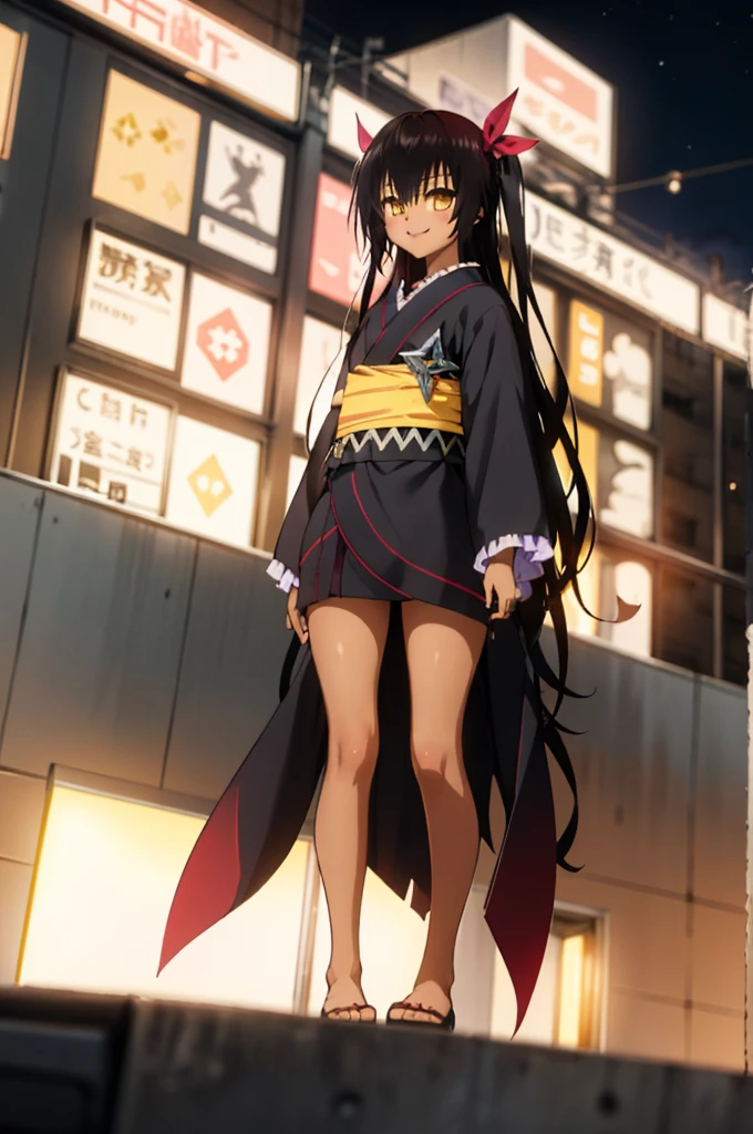 1girl, aster nemesis, dark-skinned female, black hair, very long hair, yellow eyes, flat chest kimono, obi, ribbon, twin tails, looking at viewer, outdoors, city, night, smile, ,standing,from below,bare foot