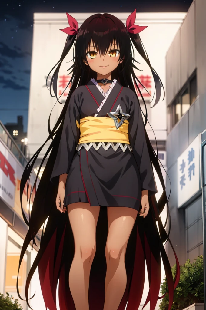 1girl, aster nemesis, dark-skinned female, black hair, very long hair, yellow eyes, flat chest kimono, obi, ribbon, twin tails, looking at viewer, outdoors, city, night, smile, ,standing,from below,bare foot