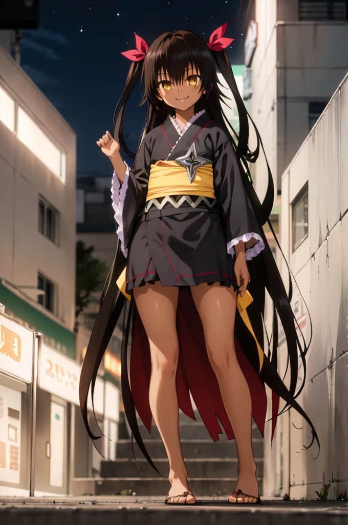 1girl, aster nemesis, dark-skinned female, black hair, very long hair, yellow eyes, flat chest kimono, obi, ribbon, twin tails, looking at viewer, outdoors, city, night, smile, ,standing,from below,bare foot