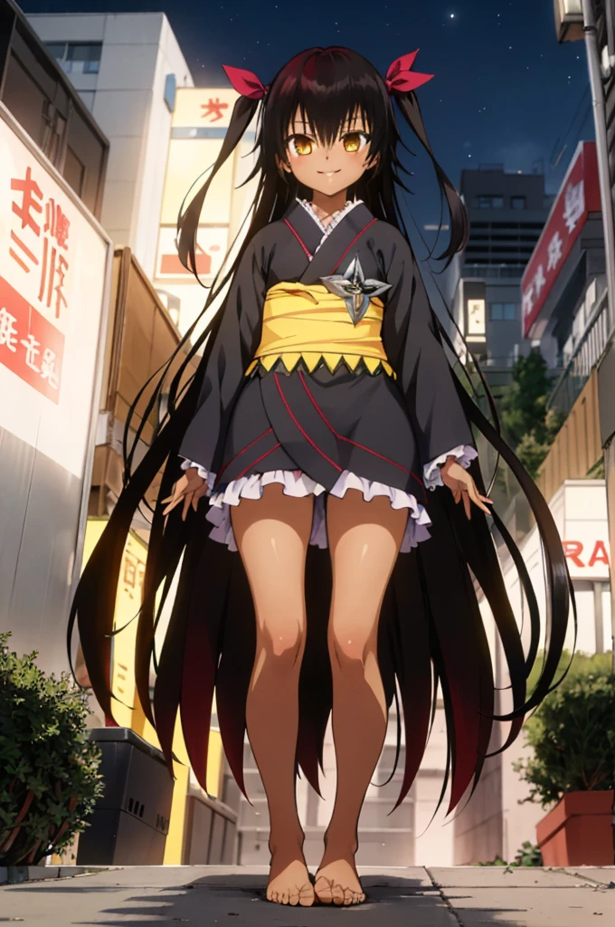 1girl, aster nemesis, dark-skinned female, black hair, very long hair, yellow eyes, flat chest kimono, obi, ribbon, twin tails, looking at viewer, outdoors, city, night, smile, ,standing,from below,bare foot