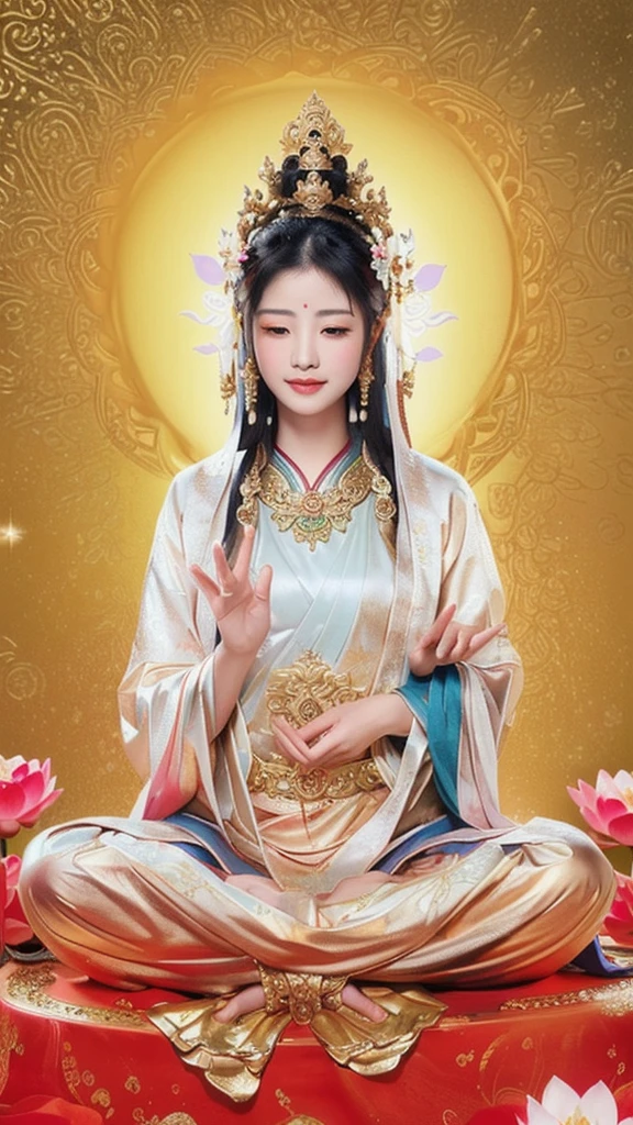 a woman sitting on a lotus, guanyin, contented female bodhisattva, goddess of love and peace, realistic, mountain background