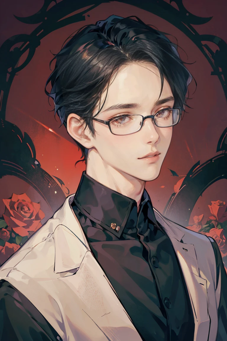 (masterpiece), best quality, seductive eyes, mature but pretty face, prince-like face, handsome man, red eyes, slicked back haircut, short length black hair, black shirt, black pants, close up view, anime cover, 1boy, masculine, glasses
