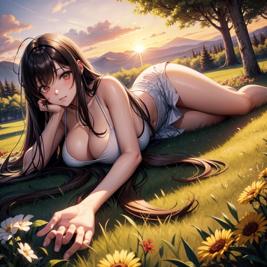 long dark hair / big tits / brown eye /  lying  on the grass   . sexy pose . sunset