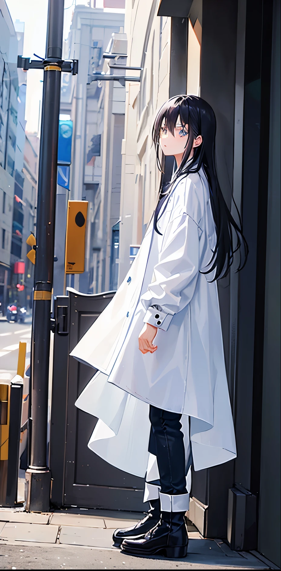 （（Black Hair、Iris、Long Hair、Androgynous appearance、Slightly small build）、（（Wearing a white Y-shirt、Wearing a white coat over a y-shirt）、Wearing jeans long trousers、Wearing long boots）、Background is transparent）