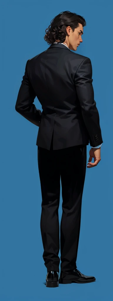 dark skin, A man stands with his back , suit, curly hair