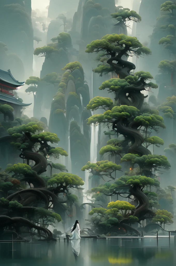 an painting in a style of oriental painting, in the style of matte painting, layered and atmospheric landscapes, rich and immersive, quiet contemplation, dark white and green, history painting, zen-inspired, grandeur of scale, highly detailed, dynamic, cinematic, stunning, realistic lighting and shading, vivid, vibrant, 8k, octane render, unreal engine, very detailed, concept art, realistic, Cry engine, wide shot, 1 girl, very long hair, white hair, (upper body:1.0), 