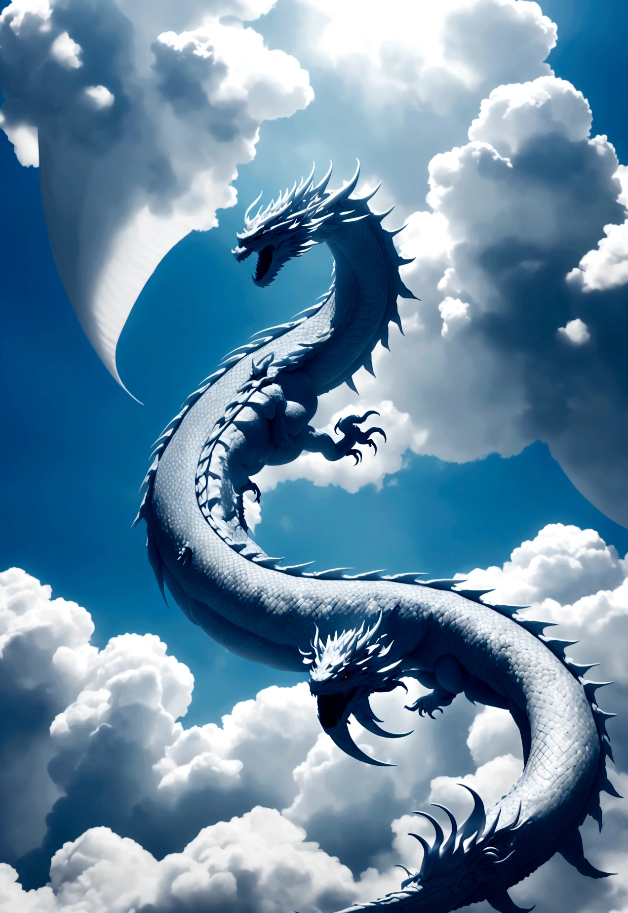 (tmasterpiece), (Best quality at best), Cinematic quality,Rendered by Octane,Ultra-detailed details,Cloud dragon composed of white clouds,Huge Chinese dragon,Slender dragon body,body of revolution,Dragon tail,Dragon's Horn,dragon claw,