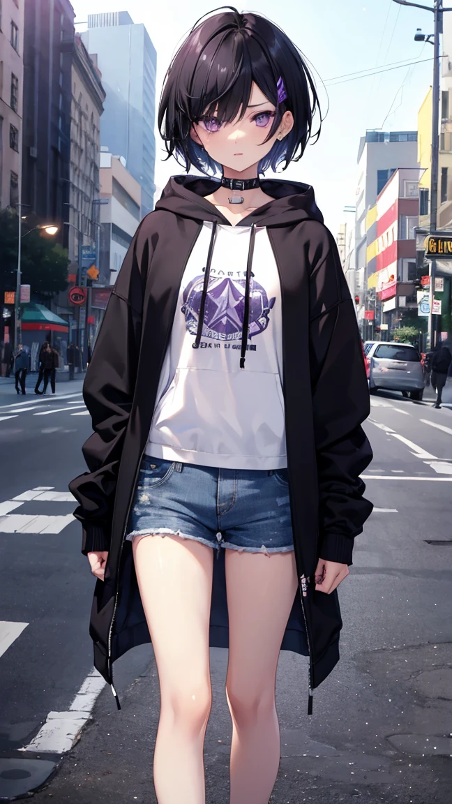 High resolution,high resolution,Girl,Black Hair,Short Hair,Purple Eyes,Slanted Eyes,Bad mood,boyish,slender,Toned body,Street,hoodie,Tattoo,Food,Shorts,low length,Starry Sky,Licking your lips