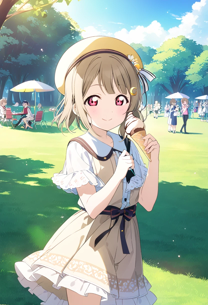 Kasumi Nakasu, lovelive, Yellow-brown hair, Bobcut, Crescent moon hair ornament, Asymmetrical Hair, Red Eye, Date Clothes, adult, beret, Meet at the park, Smile in full bloom, fine, sunny, Soft-serve ice cream in hand, Single, alone,
nakasu kasumi,