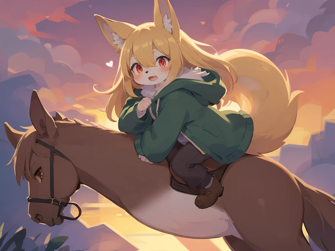 the fox, , was hairy, shaggy, skin fur, smooth lashes, golden fur, forelimb hands, straight long blonde hair, solid circle eyes, golden ears, golden fur, golden facial fur, shiny hair, red eyes, heart-shaped eyes, super cute face, 1fox tail, fluffy tail, furry tail, glowing eyes, green coat green hood down, brown trousers, riding horse, open mouth, pain face, embarrassed, ambient light, ultra-fine fur, dashed eyes, full body, masterpiece, high quality, high-details, best quality, (((solo))), twilight, sun light, red sky, rim light