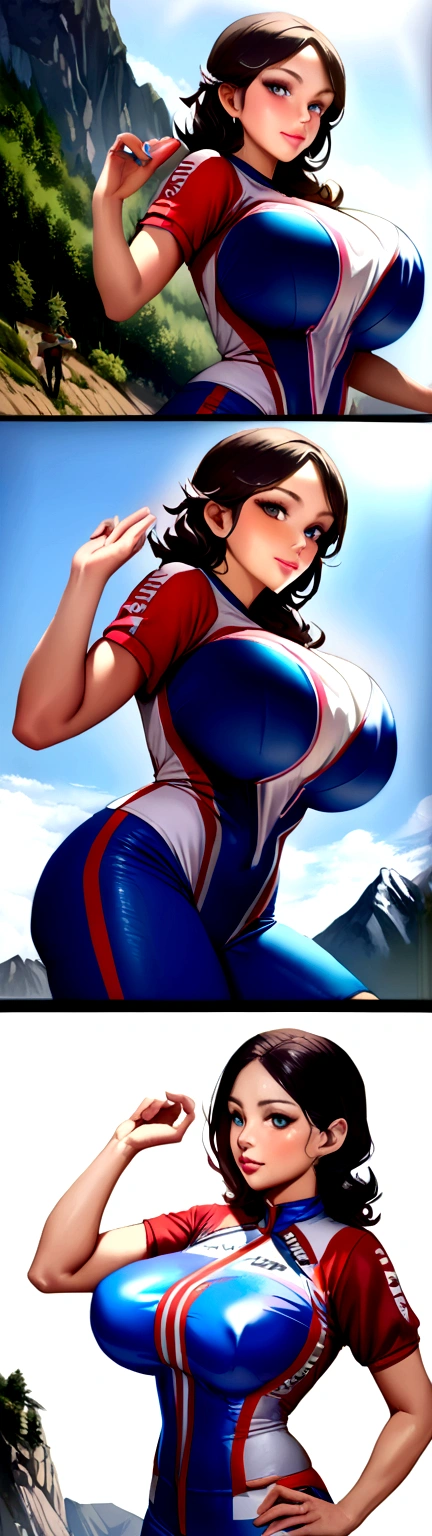 (8K、ultra high resolution、highest quality、masterpiece、realistic、ultra high resolution:1.2)、High-definition RAW color photo、professional photos、 (whole body:0.8)、(realistic、photo realistic、motion blur:1.2)、(Must have big breasts、pretty big breasts、Always hide all breasts、toned body:1.2)、((Always colorful and very shiny bike racing uniform、Beautiful female marathon runner who always runs dynamically:1.3))(Bright colors、vivid lighting、scenic mountain area、smooth running、:1.2)(draw diagonally from below、natural skin texture、fine skin、hyper realism、intricate details、Depth of the bounds written、adult woman、(masterpiece、highest quality、high detail))、cute smile、Big eyes、Clear double eyelids、perfect face、small face、Helmet(look at the viewer、eye highlights、lip gloss、black short bob)
