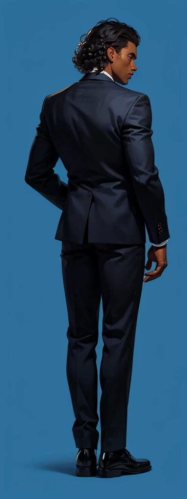 dark skin, A man stands with his back , suit, curly hair