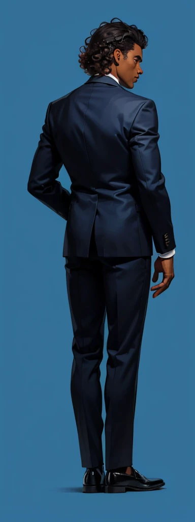 dark skin, A man stands with his back , suit, curly hair