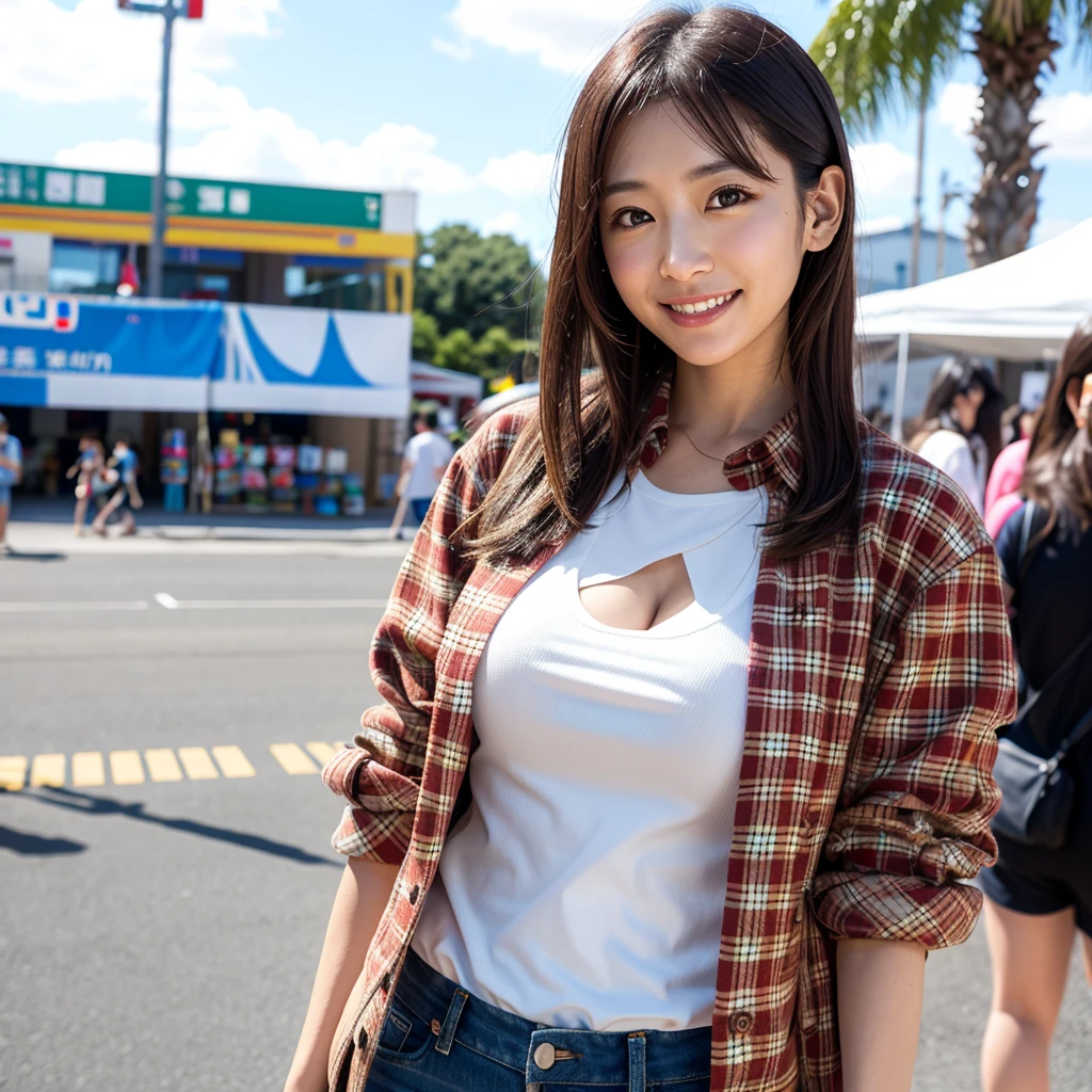 Highest quality,a girl, one girl,solo focus,raw photo,bloom,4K,8K,Realistic,whole body,Japanese women,一人のJapanese women,28 years old,Clear,kind,Beautiful eyes,smile,nice style,smile,teeth,lomg brown hair,Large Breasts,healthy,positive,Very detailed,plaid shirt,The background is the festival venue.